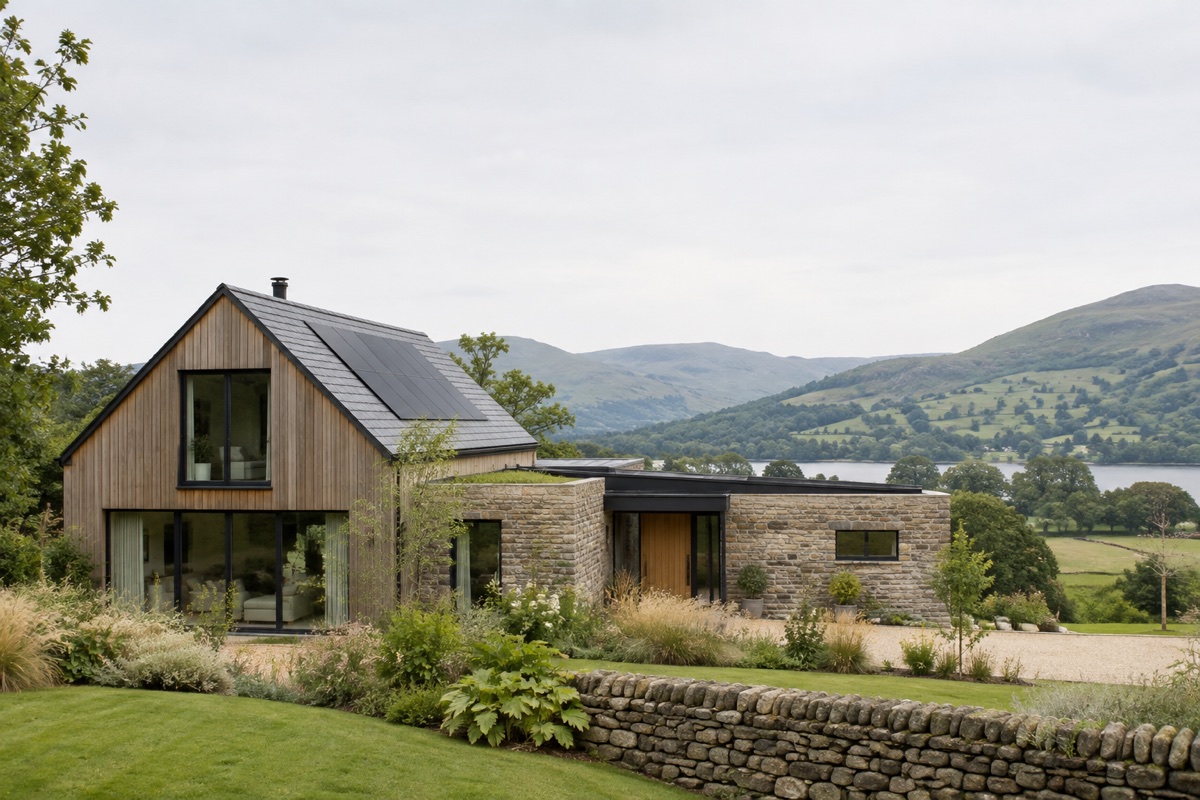 Contemporary British home with rooftop solar panels