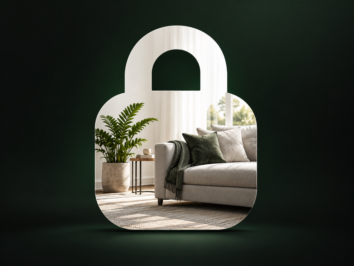 Padlock shape framing a sunlit living room with a sofa, plant and side table